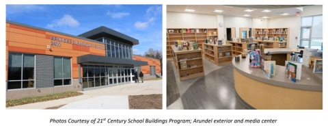 Left Image: Exterior of Arundel Elementary School’s main entrance featuring multicolored brown and gray walls with large windows and a glass facade above a gray canopy covering the main doors.  Right Image: Interior of building’s updated library space with a half circle main lobby desk, with rows of bookshelves along the floor and walls.