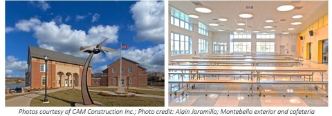 A wide-angle view of the newly renovated Montebello Elementary/Middle School building. alongside is a separate image of the updated cafeteria space with rows of windows along the walls and lunch tables lining the floor. 