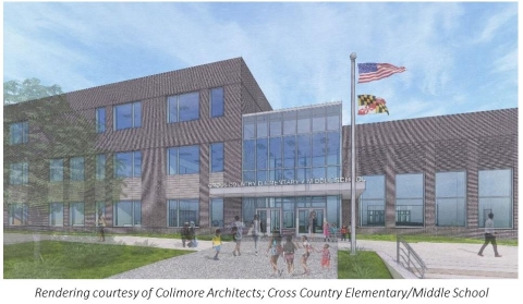 Exterior rendering of the new Cross Country Elementary/Middle School building. The modern, three-story building features a glass facade with gray bricks, and a canopy above the entrance. 